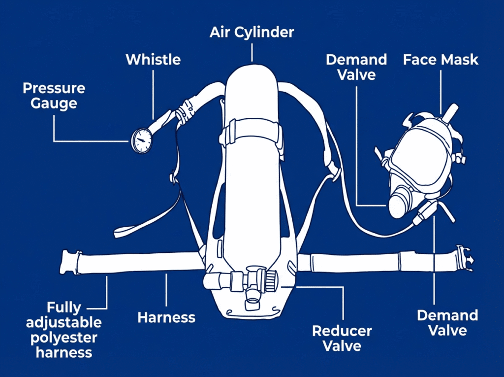 Diagram of scuba diving equipment components